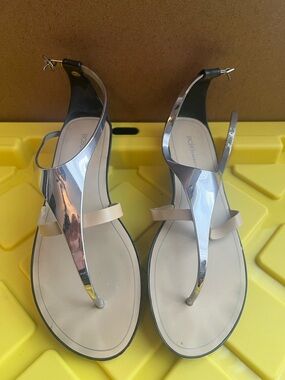 BCBG Silver Metallic and Beige T-Strap Sandals